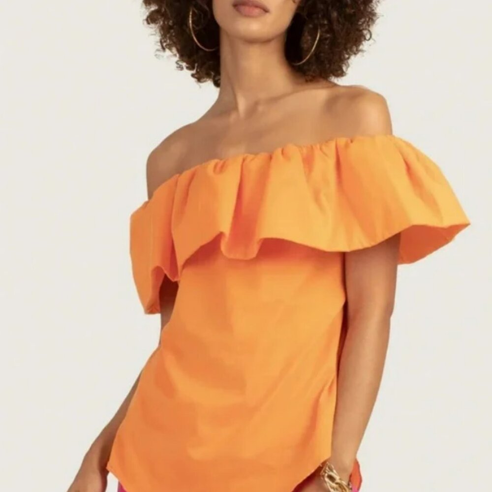 Trina Turk Air Ruffled Cotton Off-The-Shoulder Top Tangerine Dream Size Small